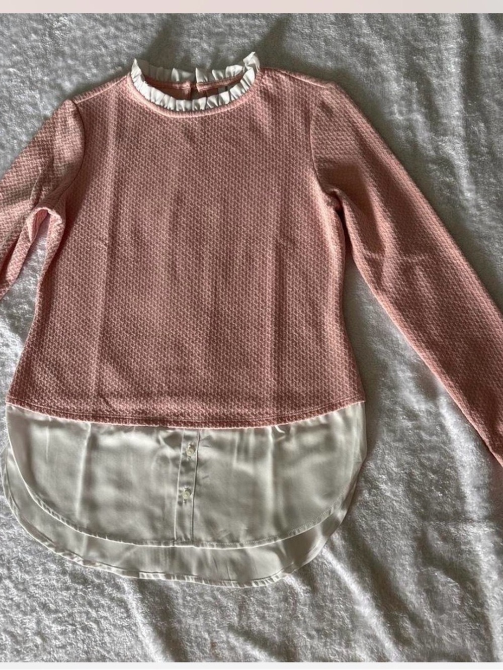 Elle Light Pink Textured Long Sleeve Top with White Faux Hem